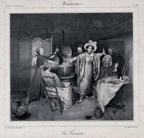 Witches putting a creature in a boiling cauldron. Lithograph after Biard.
