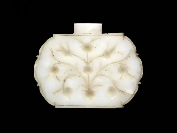Amulet, oblong, carved flower and leaf design for insetting and inlay, white nephrite jade, carved, Varanasi, 