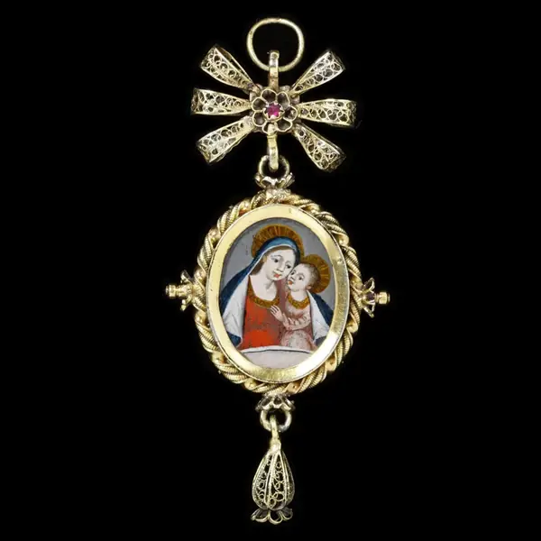 Silver-gilt filigree religious pendant (Trachtendeli) with images of Maria vom guten Rat and St Lawrence, Solo