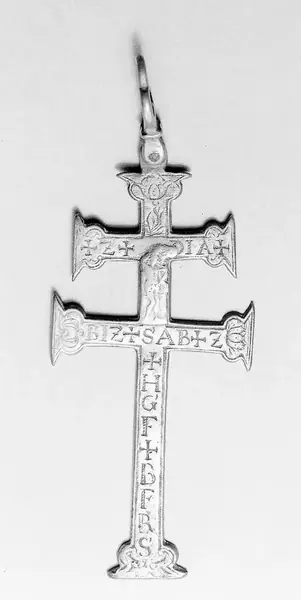 Zachariah's cross. A double cross, on one side side Zacharias and his blessing, on the other St. Benedict and the lettering of the cross of St. Benedict. Protection against the plague.