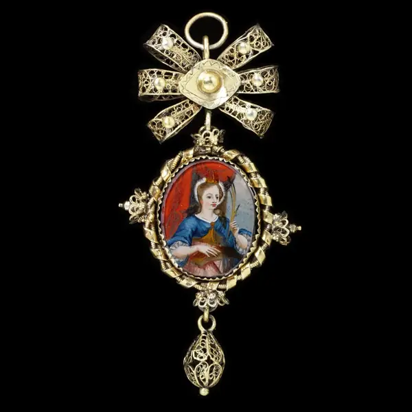 Silver-gilt filigree religious pendant (Trachtendeli) with pictures of saints, Solothurn (Switzerland), 1750-1