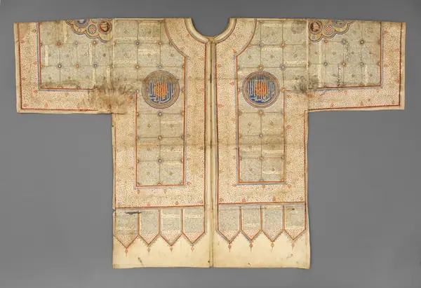 Textile, talismanic shirt, inscribed and painted cotton, probably India, ca