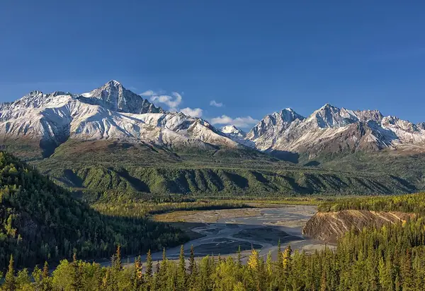 Amulet Peak rising above Matanuska River