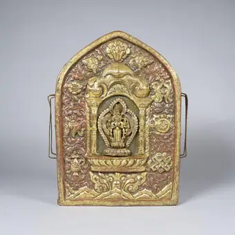 ga'u; Ritual, copper, repousse parcel gilt, Nepal, C19