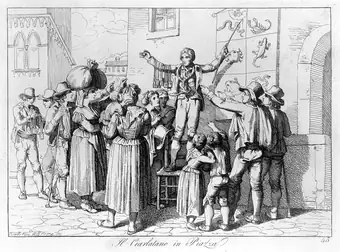 An itinerant salesman selling amulets against the bites of snakes and other animals to a crowd of people who purchase them eagerly. Etching by B. Pinelli, 1815.