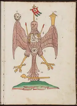 Symbol of St. John: eagle, with (7) banner of the Agnus Dei (without lamb), (8) couple committing adultery (both holding a torch), (9) eye, (10) shepherd's crook, (11) skull, (12) ointment-jar