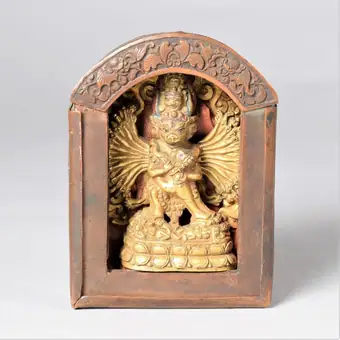Ga'u of hammered and chased copper, containing gilt image of Yamantaka, E.Tibet, 19th century