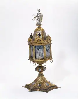 Reliquary, gilt copper and silver parcel-gilt with niello work and a figure of Saint Catherine of Alexandria, 