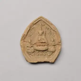 Votive plaque, Padamasambhava with his two wives, clay, E.Tibet, 19th century