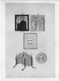Maastricht. - O.L. Vrouweplein. - Reliekhouders, t.w. voor- en achterzijde reliekdoosje, Agnus Dei, wierook Driekoningen en kistje Sint Paulus. / (Ph. van Gulpen). - Tekening, gekleurd, onregelmatig, 