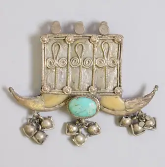 rectangular, tiger's claws; Jewellery, silver turquoise, grelots, India