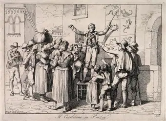 An itinerant salesman selling amulets against the bites of snakes and other animals to a crowd of people who purchase them eagerly. Etching by B. Pinelli, 1815.